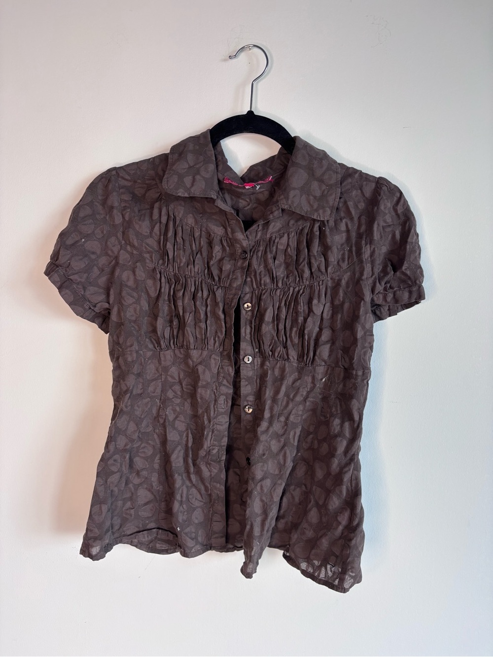 Short-Sleeve Brown Button-Down Blouse with Pintuck Front